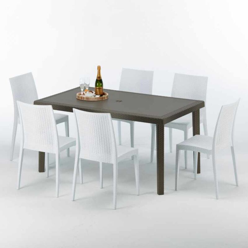 Table rectangulaire 6 chaises Poly rotin resine 150x90 marron Focus