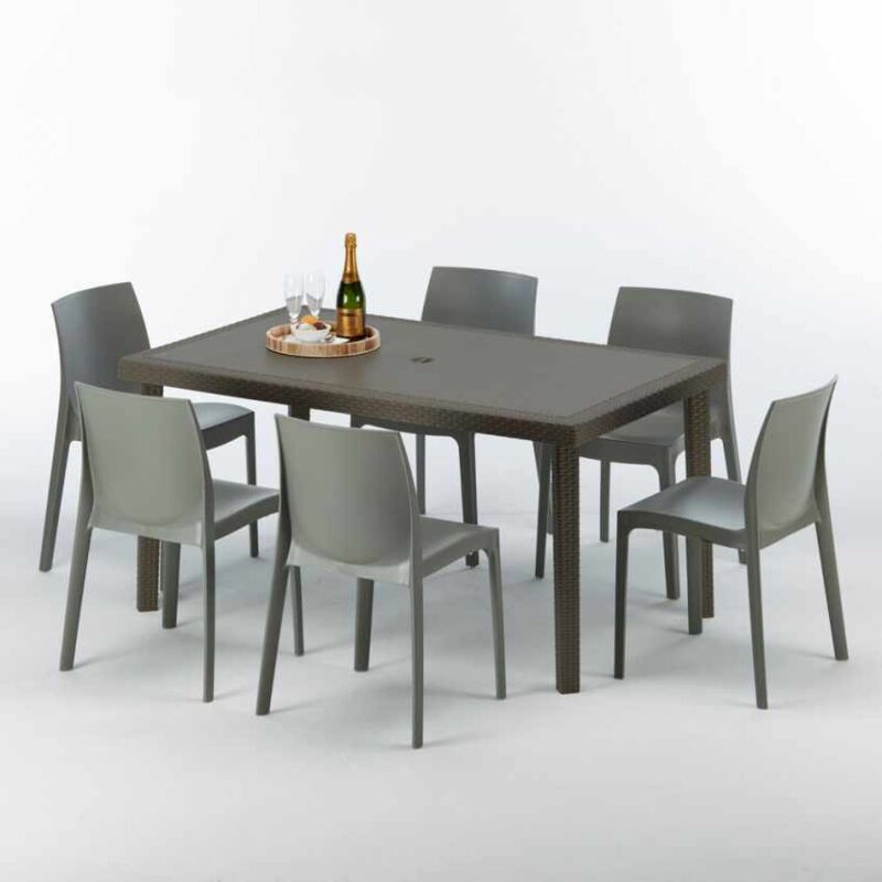 Table rectangulaire 6 chaises Poly rotin resine 150x90 marron Focus