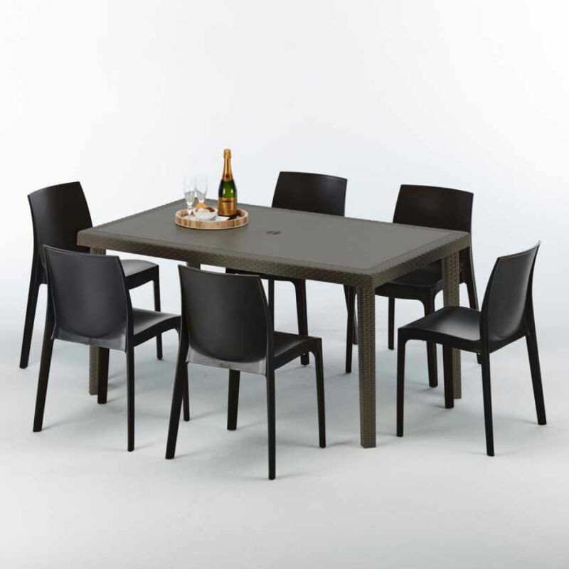 Table rectangulaire 6 chaises Poly rotin resine 150x90 marron Focus