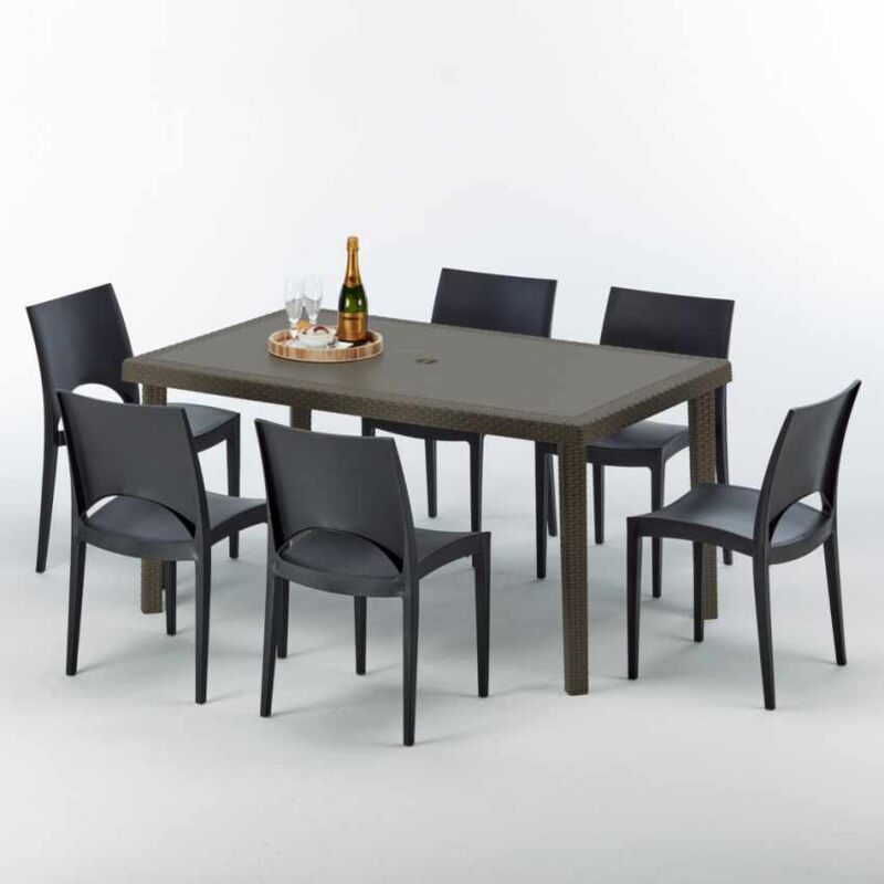 Table rectangulaire 6 chaises Poly rotin resine 150x90 marron Focus