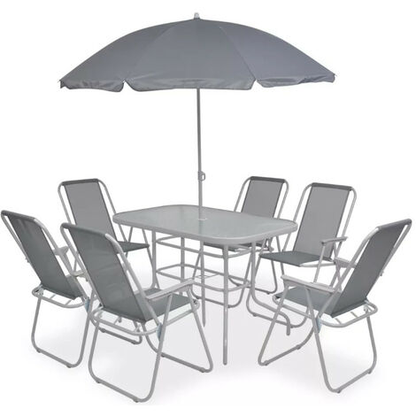 Table rectangulaire avec parasol et 6 chaises de jardin métal gris Castle