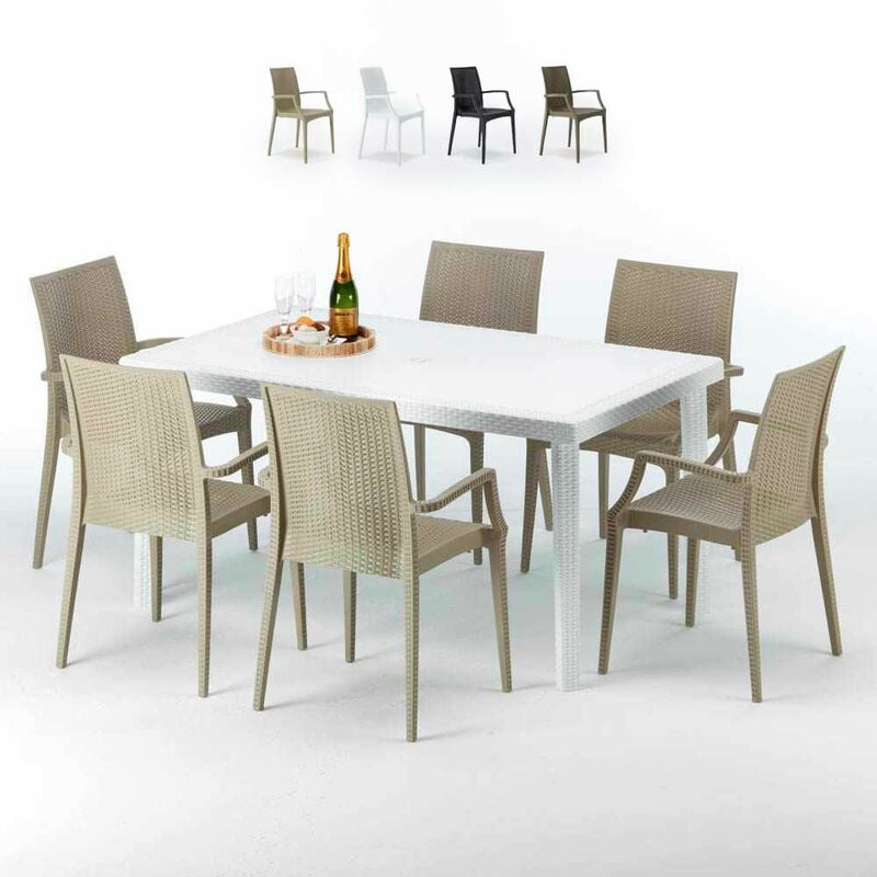 Table Rectangulaire Blanche 150x90cm Avec 6 Chaises Colorées Grand Soleil Set Extérieur Bar Café Paris Summerlife Couleur: Beige
