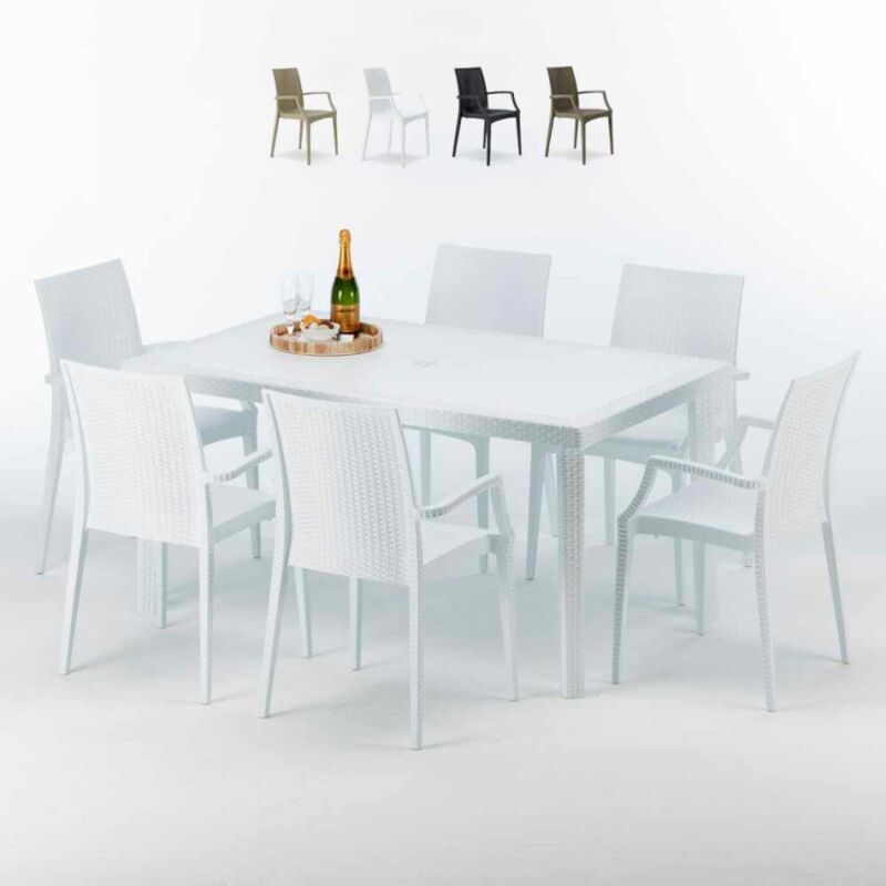 Grand Soleil – Ensemble table rectangulaire blanche 150x90cm avec 6 chaises empilables – Résistant aux intempéries – Pour cafés, terrasses et jardins