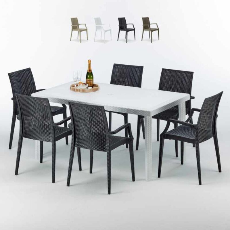 Table Rectangulaire Blanche 150x90cm Avec 6 Chaises Colorées Grand Soleil Set Extérieur Bar Café Paris Summerlife - Noir