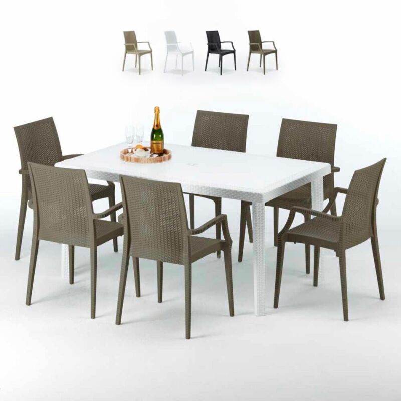 Table Rectangulaire Blanche 150x90cm Avec 6 Chaises Colorées Grand Soleil Set Extérieur Bar Café Paris Summerlife - Marron