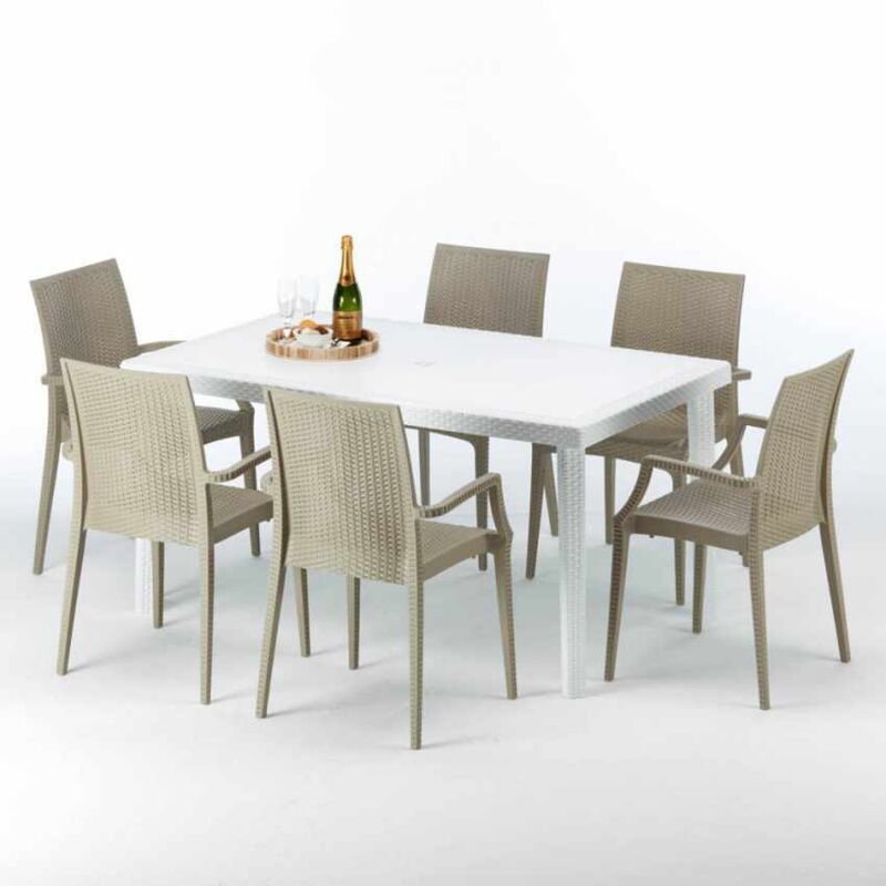 Grand Soleil – Ensemble table rectangulaire blanche 150x90cm avec 6 chaises empilables en polypropylène – Résistant aux intempéries – Pour cafés et