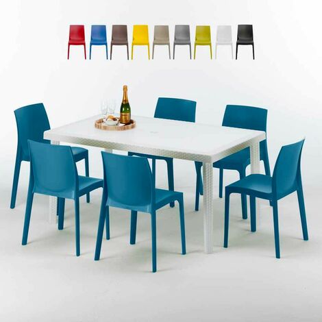 Table Rectangulaire Blanche 150x90cm Avec 6 Chaises Colorées Grand Soleil Set Extérieur Bar Café Rome Summerlife