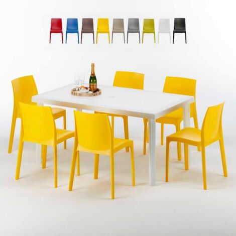 Table Rectangulaire Blanche 150x90cm Avec 6 Chaises Colorées Grand Soleil Set Extérieur Bar Café Rome Summerlife - Jaune