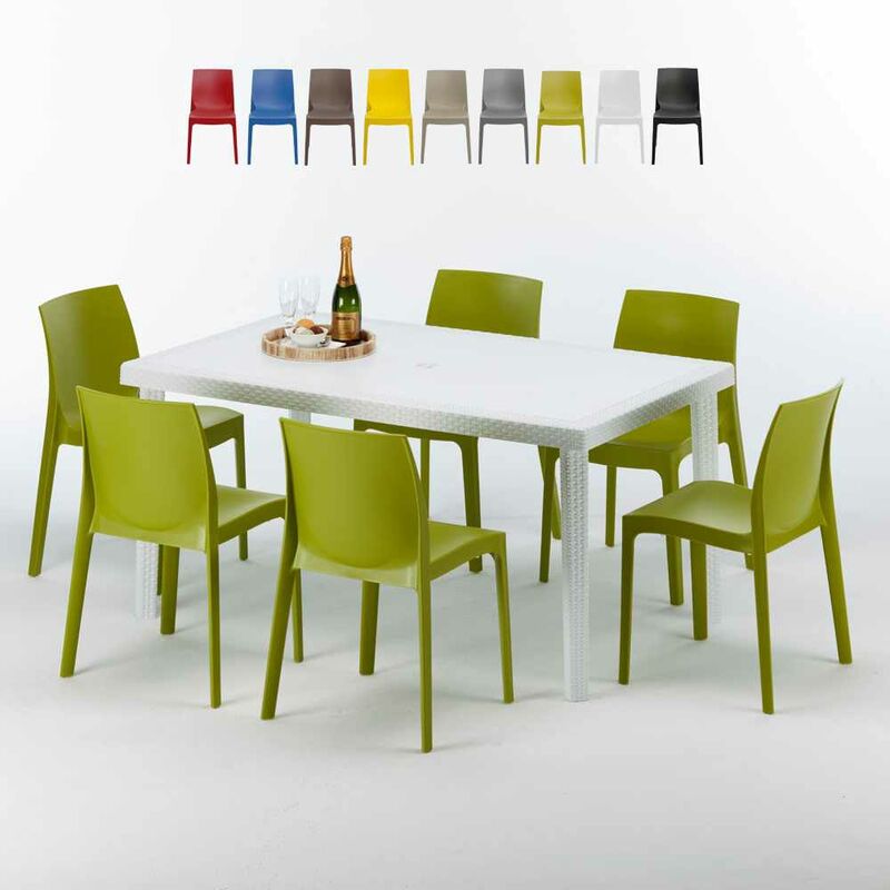 Table Rectangulaire Blanche 150x90cm Avec 6 Chaises Colorées Grand Soleil Set Extérieur Bar Café Rome Summerlife Couleur: Anis vert