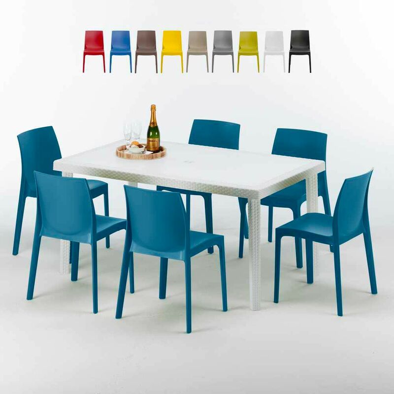 Table Rectangulaire Blanche 150x90cm Avec 6 Chaises Colorées Grand Soleil Set Extérieur Bar Café Rome Summerlife Couleur: Bleu