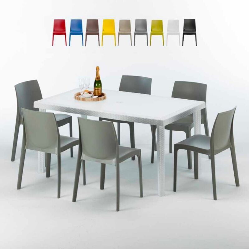 Table Rectangulaire Blanche 150x90cm Avec 6 Chaises Colorées Grand Soleil Set Extérieur Bar Café Rome Summerlife - Gris