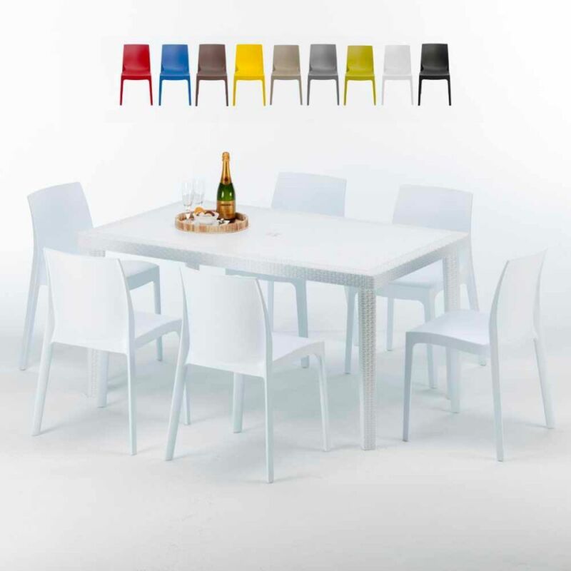 Table Rectangulaire Blanche 150x90cm Avec 6 Chaises Colorées Grand Soleil Set Extérieur Bar Café Rome Summerlife - Blanc