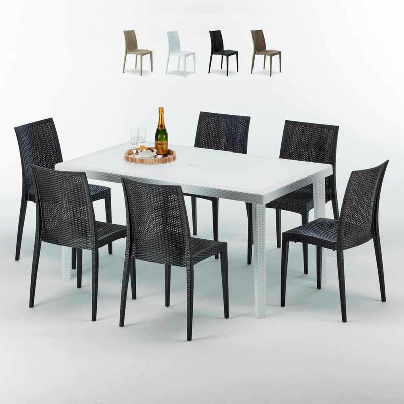 Table Rectangulaire Blanche 150x90cm Avec 6 Chaises Colorées Grand Soleil Set Extérieur Bar Café Bistrot Summerlife Couleur: Noir