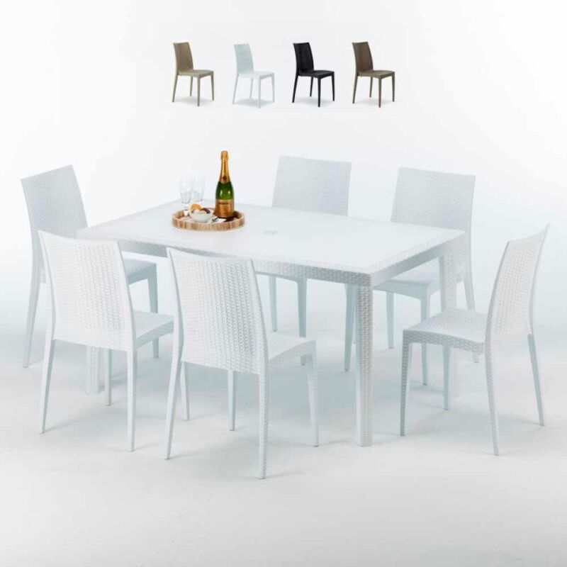 Grand Soleil – Ensemble table rectangulaire blanche 150x90cm avec 6 chaises colorées – Résine polyrotin – Pour cafés, jardins et terrasses – Made in