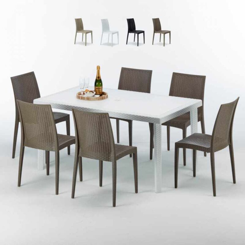 Table Rectangulaire Blanche 150x90cm Avec 6 Chaises Colorées Grand Soleil Set Extérieur Bar Café Bistrot Summerlife - Marron