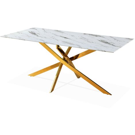 Intensedeco – Table rectangulaire en verre trempé effet marbre – Pieds en métal doré géométriques – Dimensions L180 x P90 x H75 cm – Pour 8 convives