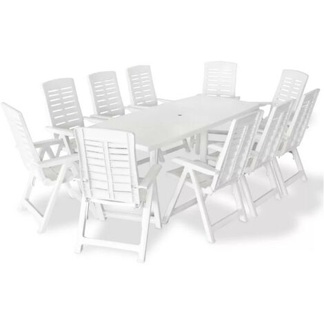 Table rectangulaire et 10 chaises de jardin plastique blanc Camille