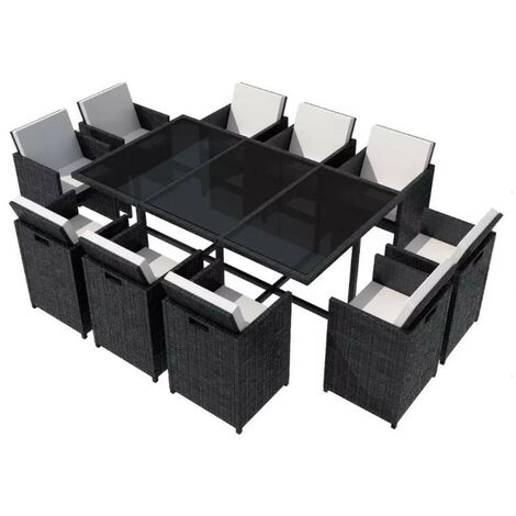 Table rectangulaire et 10 chaises de jardin résine tressée noir Iris 2