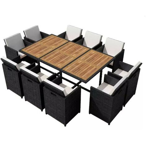 Table rectangulaire et 10 chaises de jardin résine tressée noir Iris