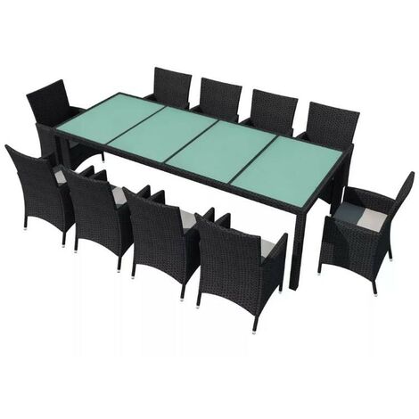 Table rectangulaire et 10 chaises de jardin résine tressée noir Mik
