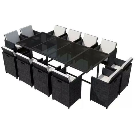 Table rectangulaire et 12 chaises de jardin résine tressée noir Iris 2
