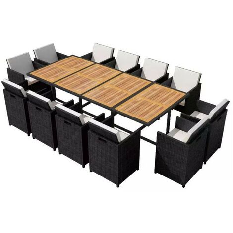 Table rectangulaire et 12 chaises de jardin résine tressée noir Iris