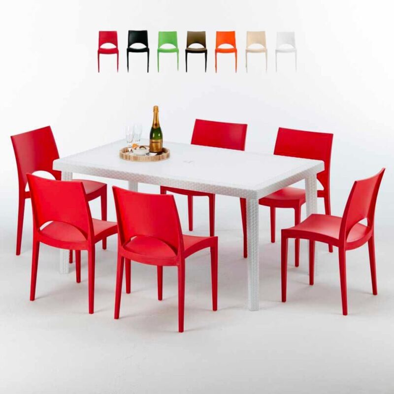 Table Rectangulaire Blanche 150x90cm Avec 6 Chaises Colorées Grand Soleil Set Extérieur Bar Café Paris Summerlife - Rouge