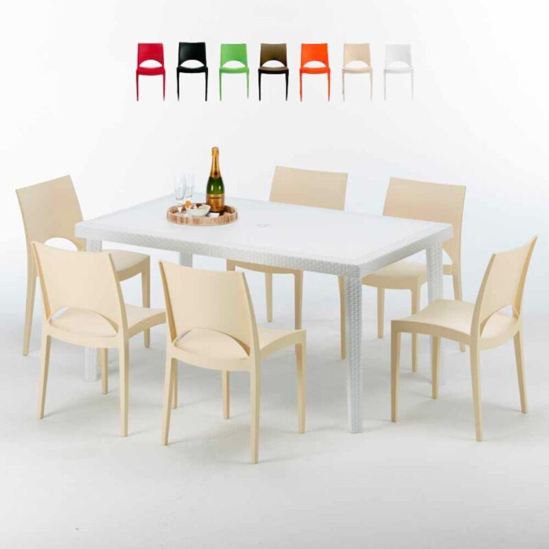 Table Rectangulaire Blanche 150x90cm Avec 6 Chaises Colorées Grand Soleil Set Extérieur Bar Café Paris Summerlife - Beige