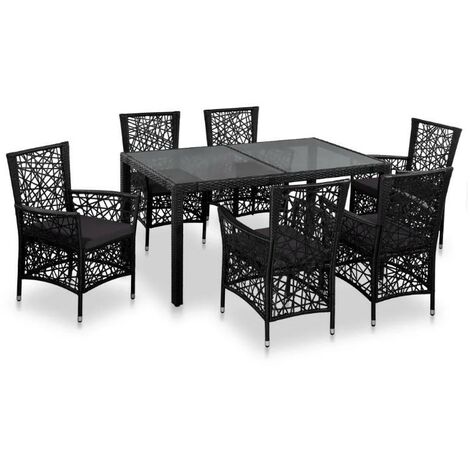 Table rectangulaire et 6 chaises de jardin résine tressée noir coussins gris Kaila