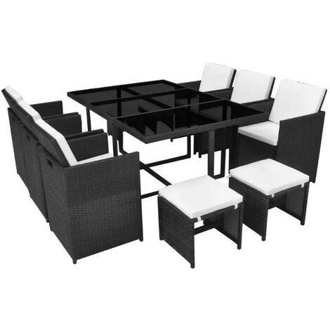 Table rectangulaire et 6 chaises de jardin résine tressée noir Iris