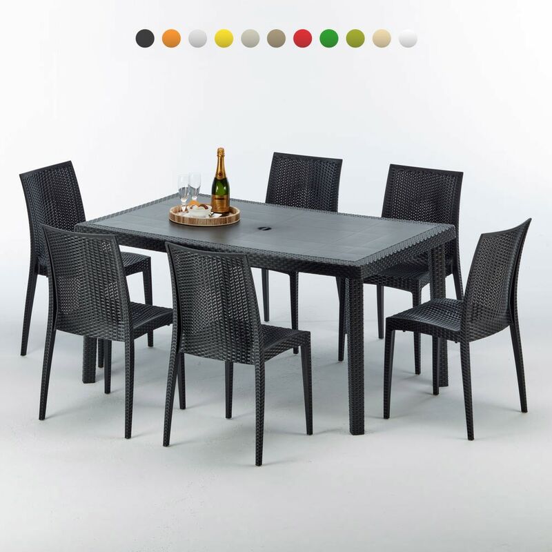 Table rectangulaire et 6 chaises Poly rotin colorées 150x90cm noir Enjoy Chaises Modèle: Bistrot Anthracite noir