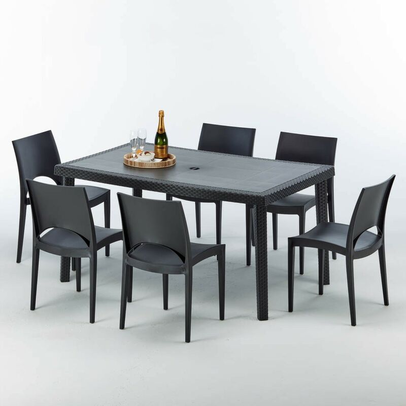 Table rectangulaire et 6 chaises Poly rotin colorées 150x90cm noir Enjoy Chaises Modèle: Paris Noir anthracite