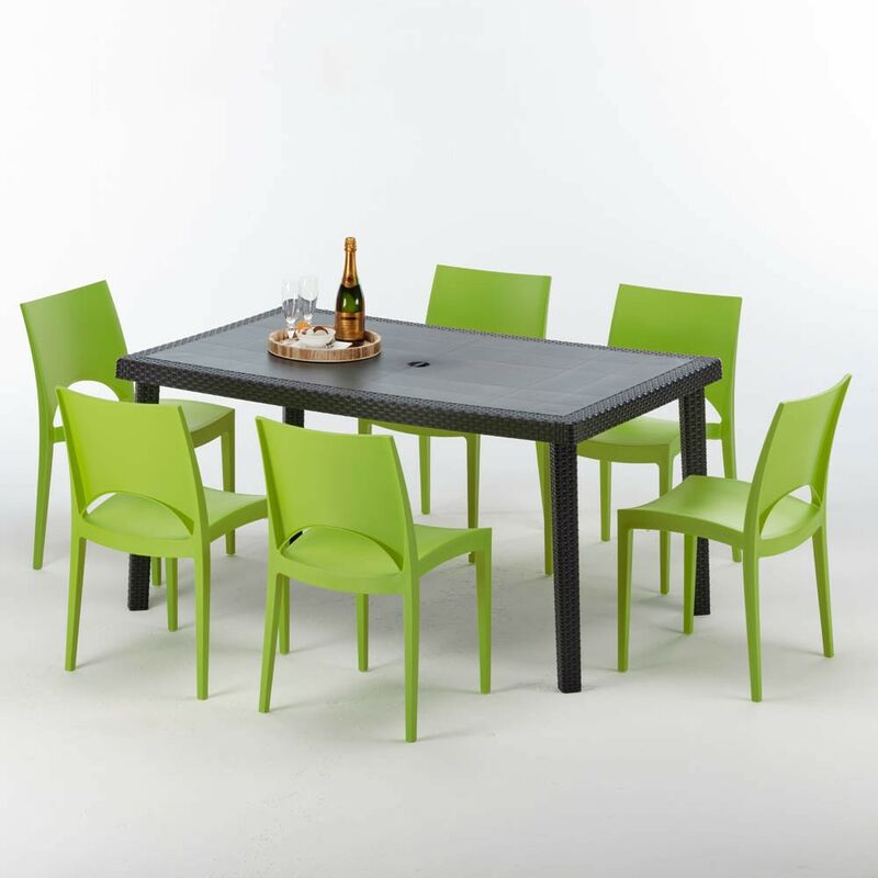 Table rectangulaire et 6 chaises Poly rotin colorées 150x90cm noir Enjoy Chaises Modèle: Paris Vert