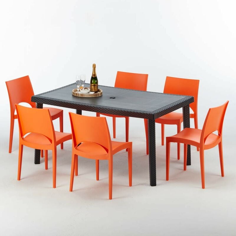 Table rectangulaire et 6 chaises Poly rotin colorées 150x90cm noir Enjoy Chaises Modèle: Paris orange