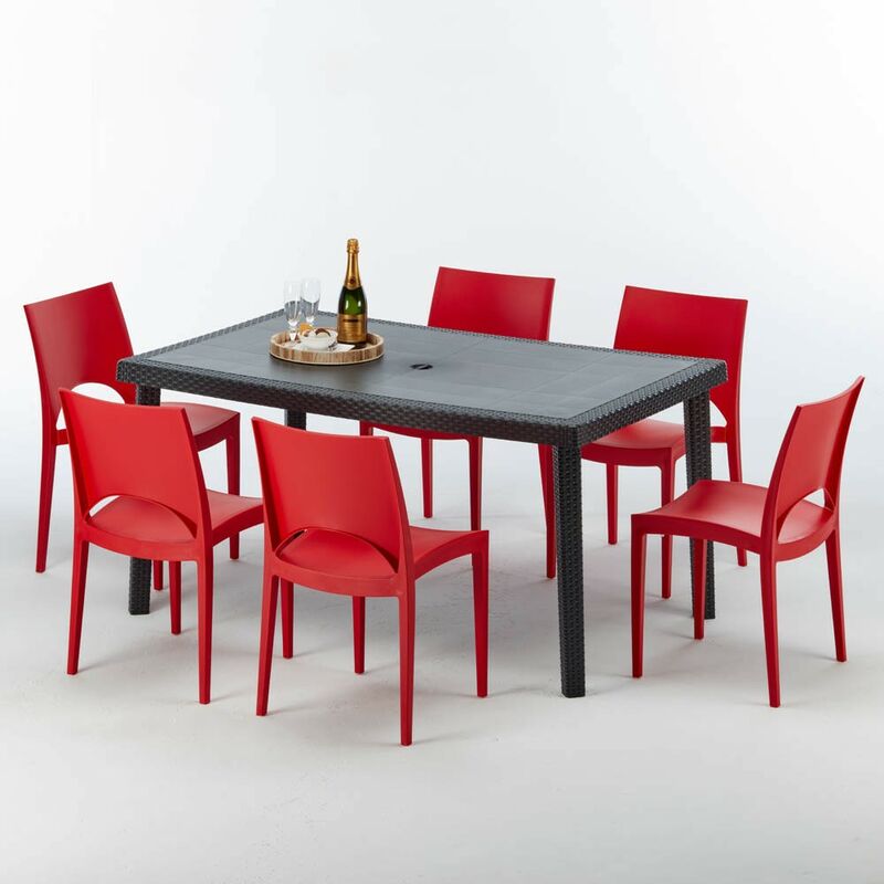 Table rectangulaire et 6 chaises Poly rotin colorées 150x90cm noir Enjoy Chaises Modèle: Paris rouge