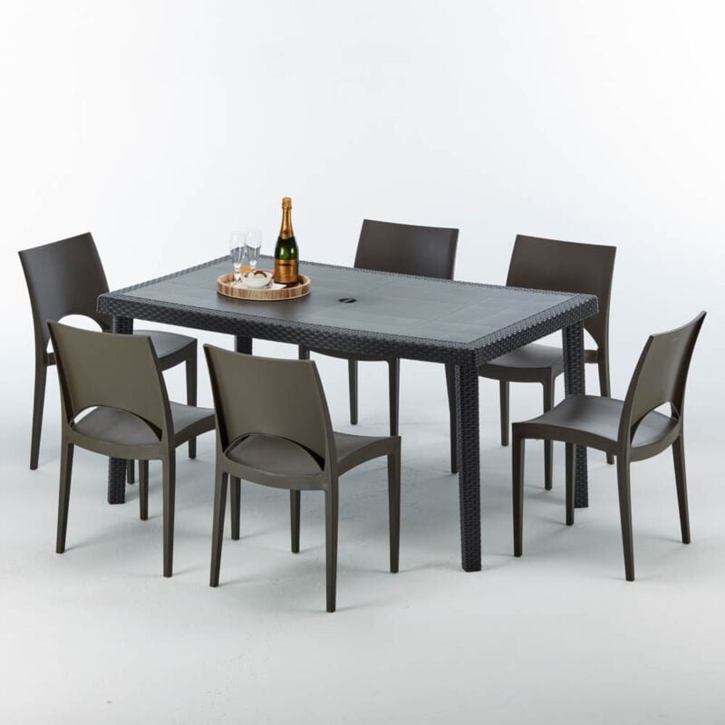 Table rectangulaire et 6 chaises Poly rotin colorées 150x90cm noir Enjoy Chaises Modèle: Paris Marron Moka