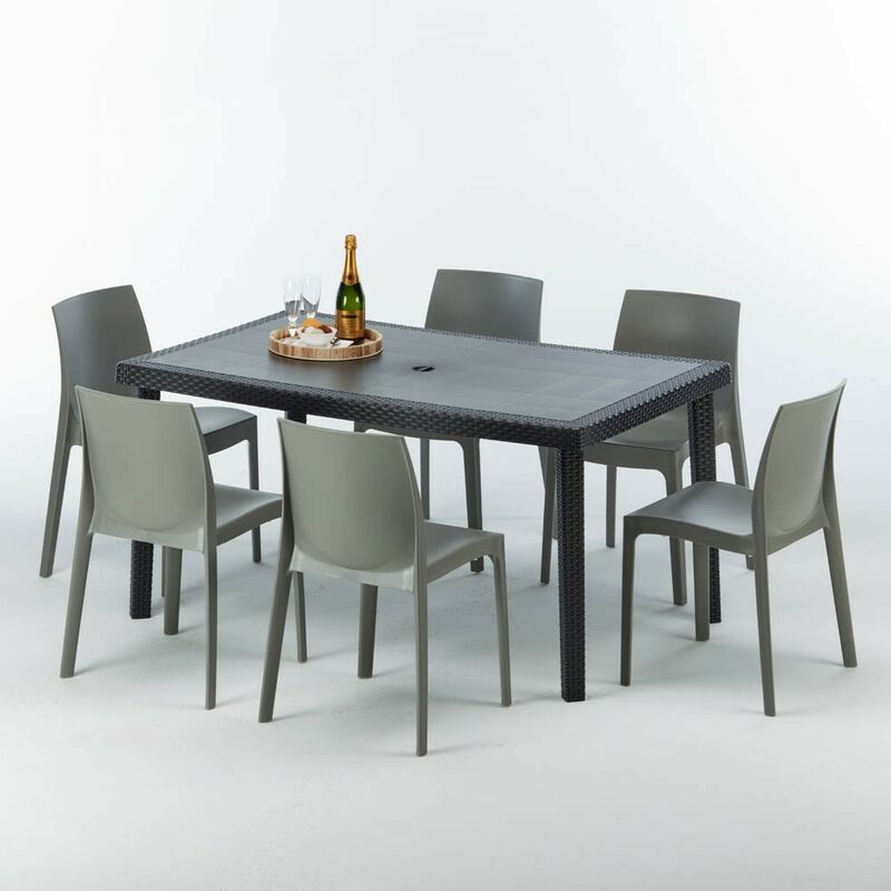 Table rectangulaire et 6 chaises Poly rotin colorées 150x90cm noir Enjoy Chaises Modèle: Rome gris