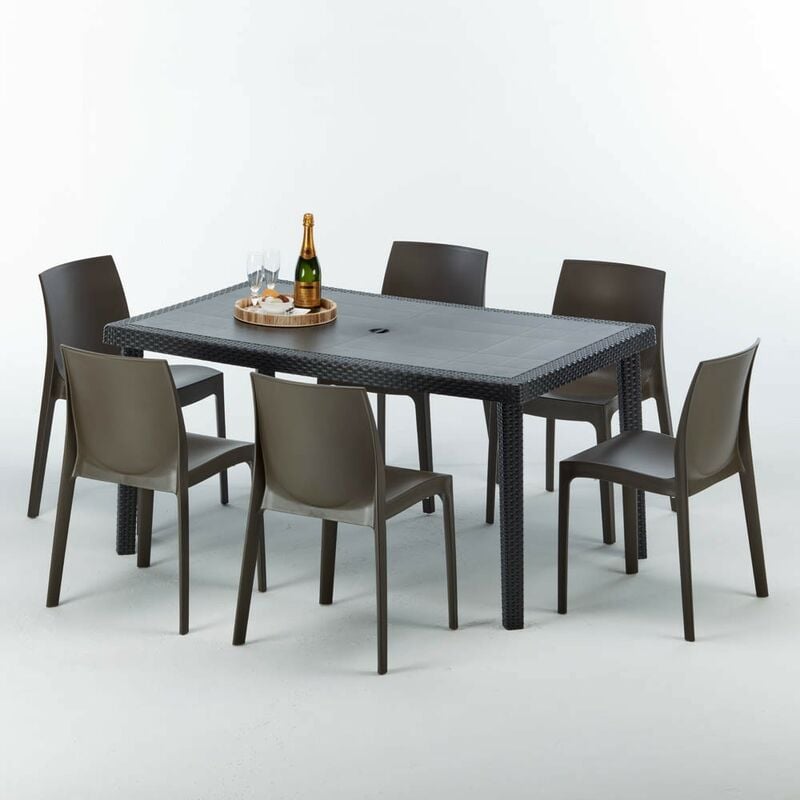 Table rectangulaire et 6 chaises Poly rotin colorées 150x90cm noir Enjoy Chaises Modèle: Rome Marron Moka