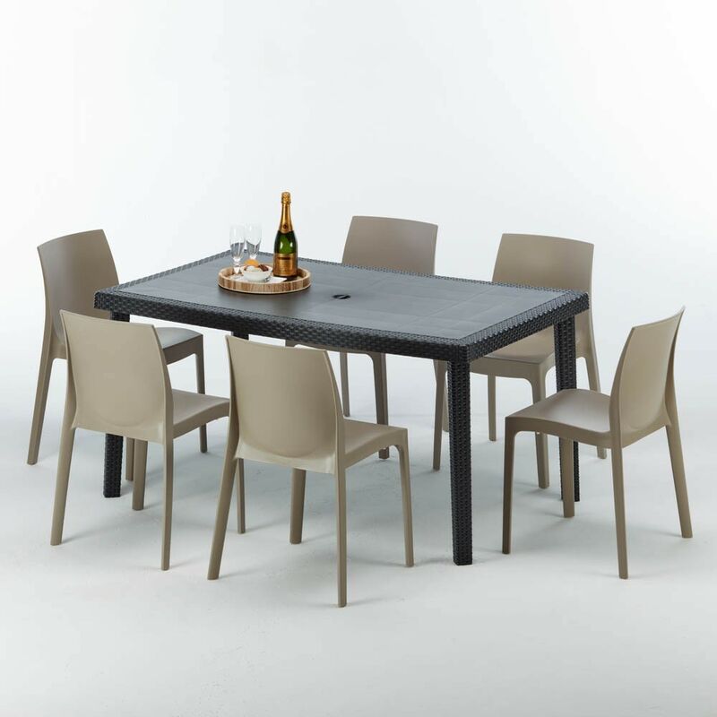 Table rectangulaire et 6 chaises Poly rotin colorées 150x90cm noir Enjoy Chaises Modèle: Rome Beige Juta