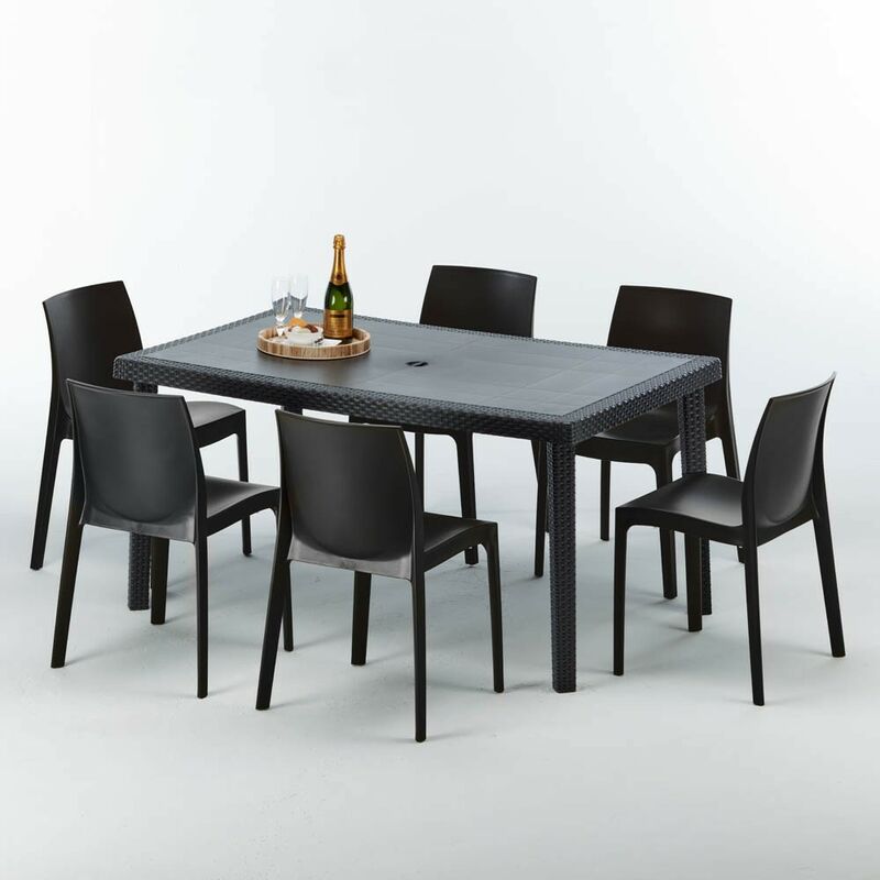 Table rectangulaire et 6 chaises Poly rotin colorées 150x90cm noir Enjoy Chaises Modèle: Rome Anthracite noir