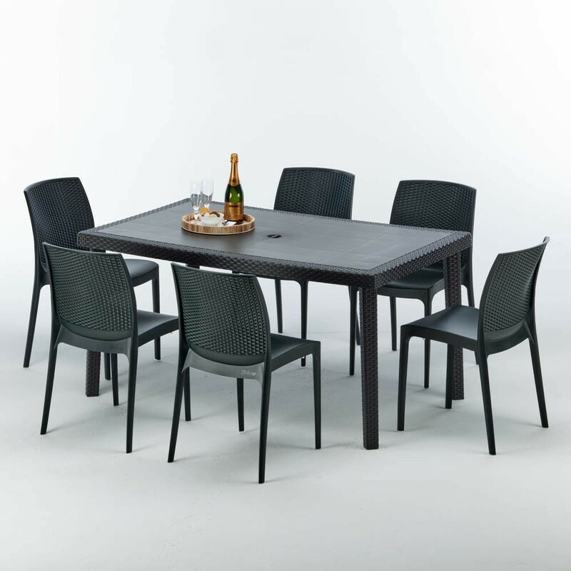 Table rectangulaire et 6 chaises Poly rotin colorées 150x90cm noir Enjoy Chaises Modèle: Boheme Anthracite noir