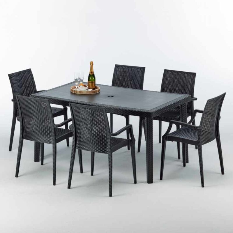 Table rectangulaire et 6 chaises GRAND SOLEIL Bistrot Arm Anthracite - 150x90cm - Poly rotin - Noir