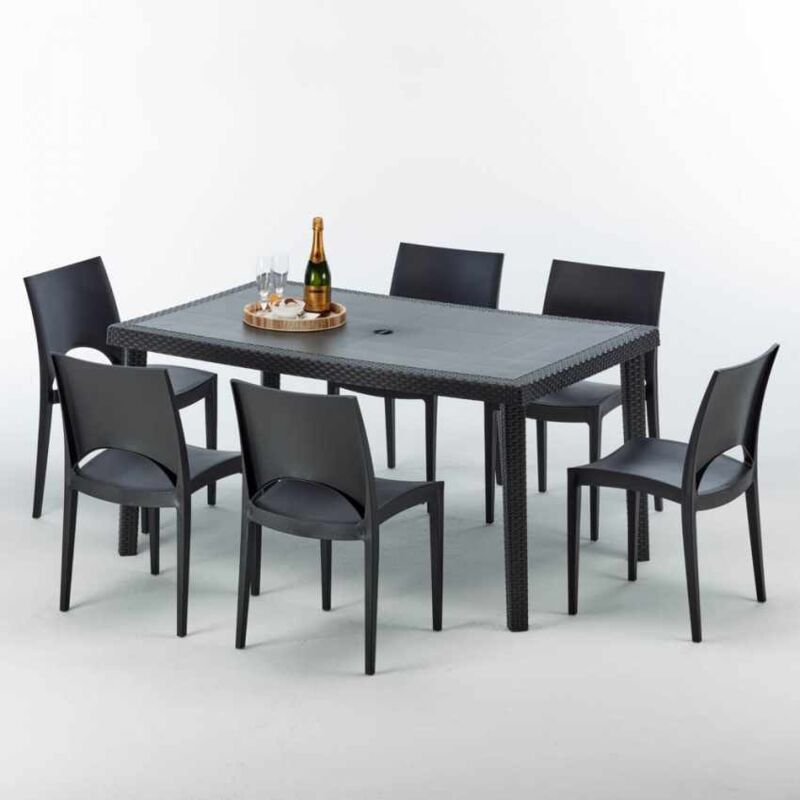 GRAND SOLEIL Table rectangulaire et 6 chaises poly rotin color&eacute;es 150x90cm noir enjoy 