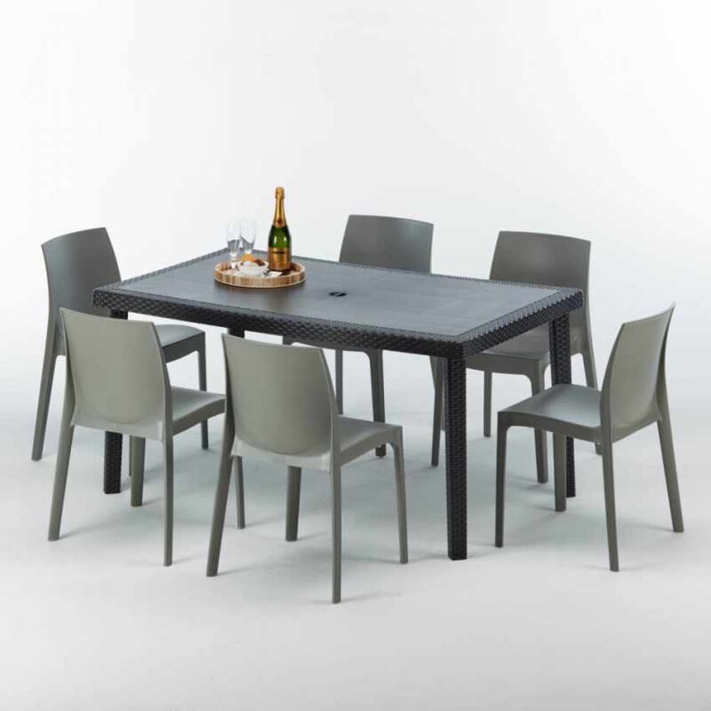 Table rectangulaire et 6 chaises Poly rotin colorées 150x90cm noir Enjoy