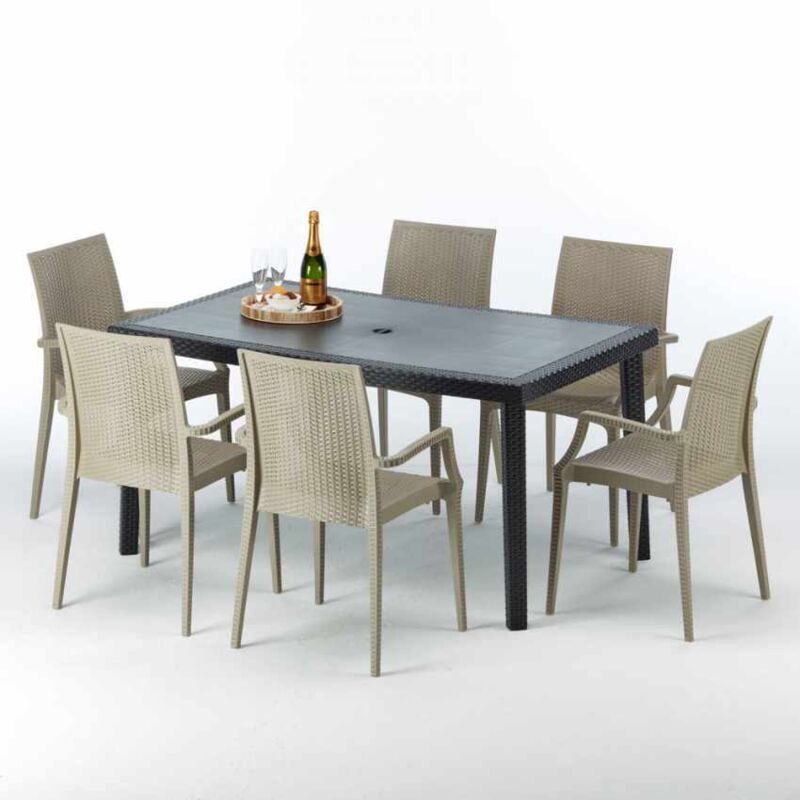 Grand Soleil – Ensemble table rectangulaire 150x90cm et 6 chaises en polyrotin noir – Résistant aux intempéries – Pour cafés, hôtels, terrasses et