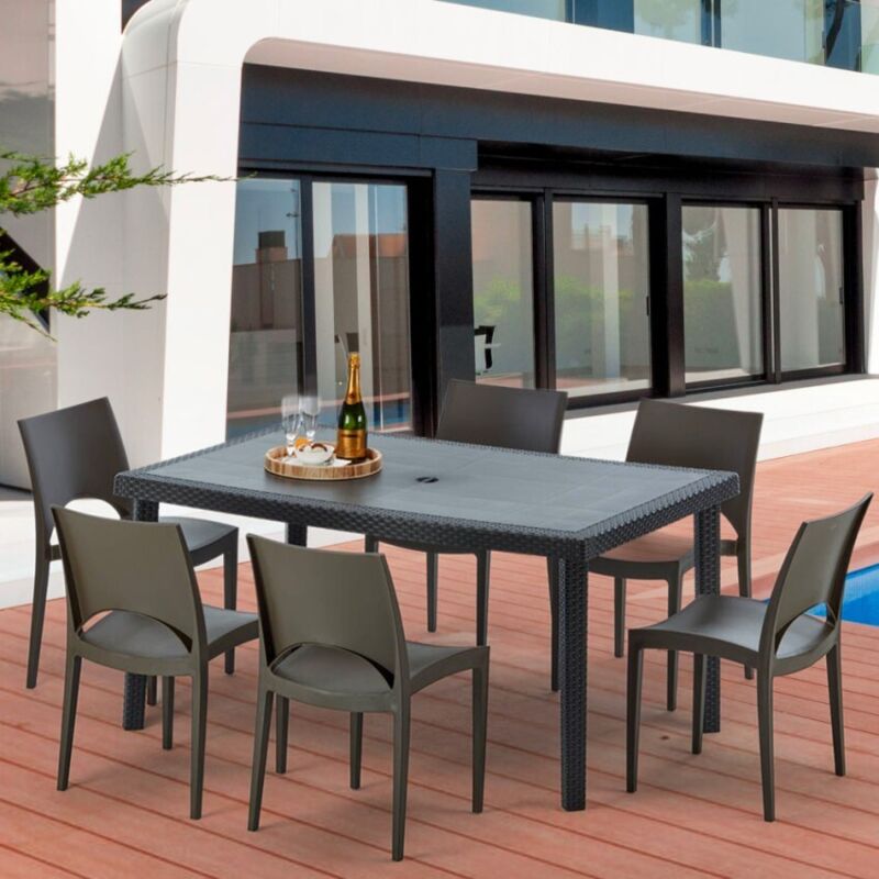 Table rectangulaire et 6 chaises Poly rotin colorées 150x90cm noir ENJOY Table rectangulaire et 6 chaises Poly rotin colorées 150x90cm noir ENJOY