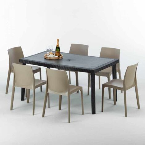 Table rectangulaire et 6 chaises Poly rotin colorées 150x90cm noir Enjoy