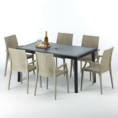 Table rectangulaire et 6 chaises Poly rotin colorées 150x90cm noir Enjoy