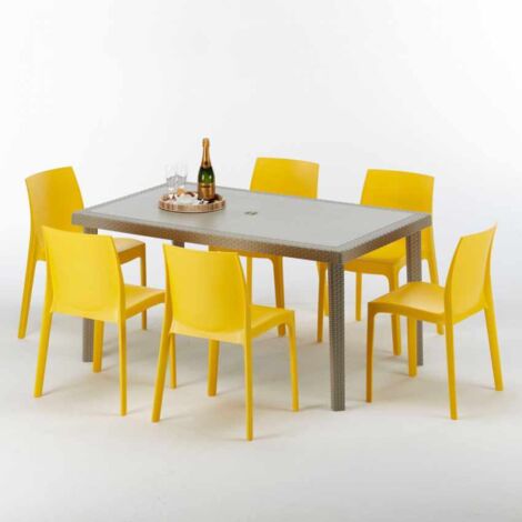 Table rectangulaire et 6 chaises Poly rotin resine ensemble bar cafè exterieur 150x90 Beige Marion
