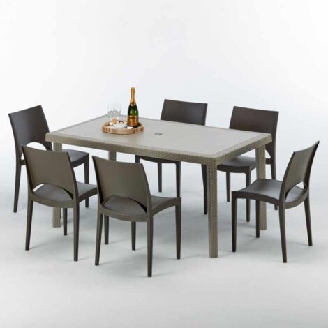Table rectangulaire et 6 chaises Poly rotin resine ensemble bar cafè exterieur 150x90 Beige Marion